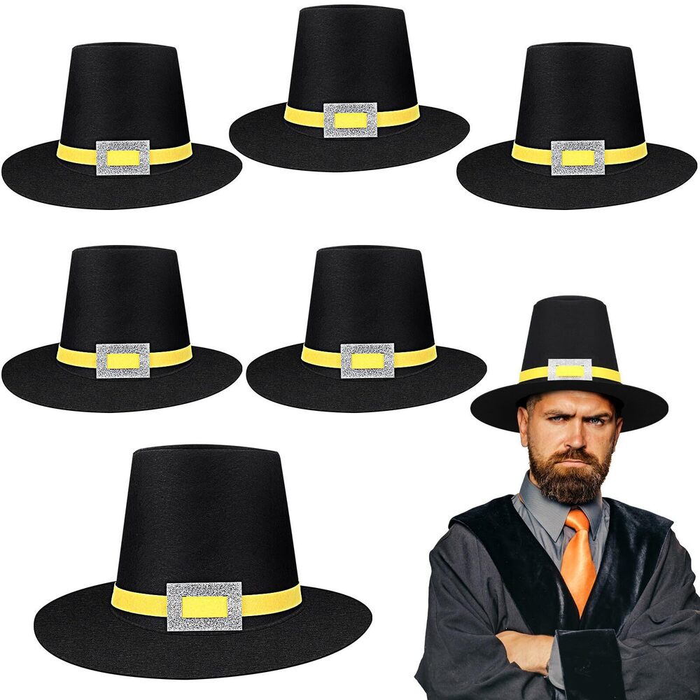 3582 6 Pcs Thanksgiving Felt Pilgrim Hats Bulk for Adults Black Pilgrim Hat